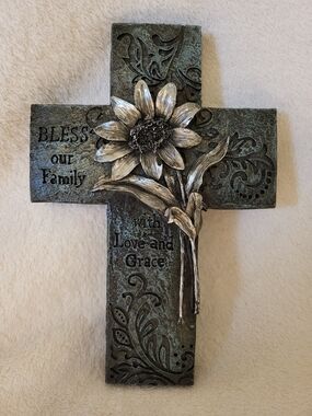 "Bless Our Family" Cross W/ Flower Wall Hanging Art Decor Christian Spiritual